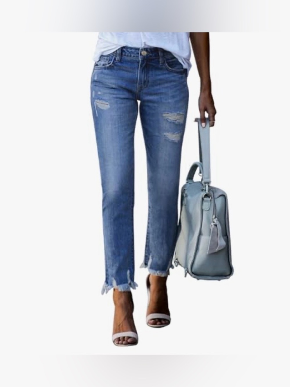 Straight leg ripped jeans.